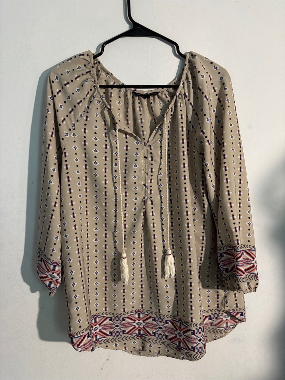 Signature Studio Beige Boho Peasant Tunic with Tassel Tie